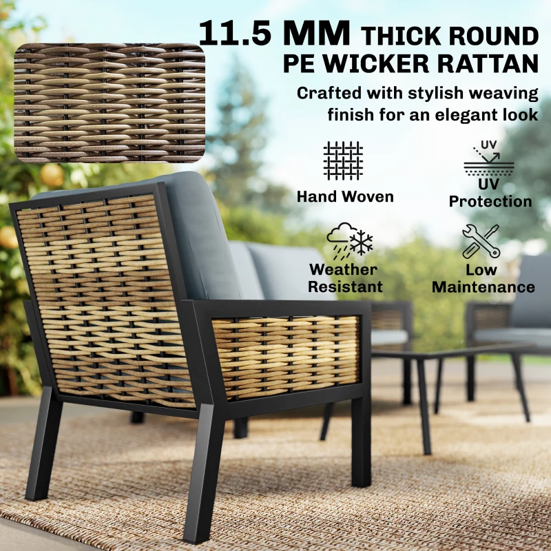 Outsunny 4 Seater Rattan Garden Furniture Set with 2 Armchairs, Loveseat, Coffee Table, Garden Sofa Set with Cushions, Grey