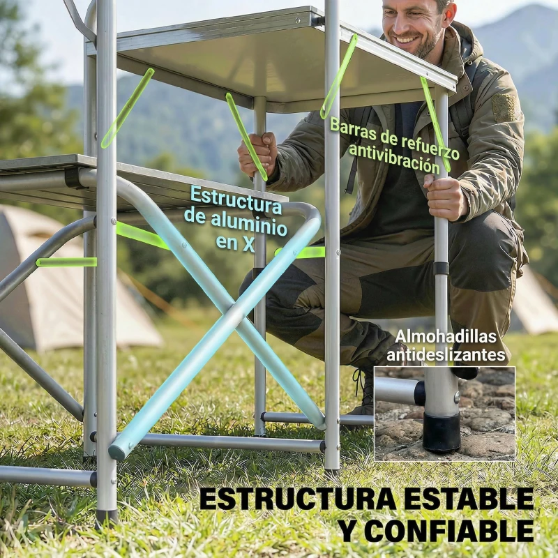 Outsunny Mueble de Cocina para Camping Plegable con 3 Mesas 4 Ganchos Poste de Luz y Bolsa de Transporte 172x48x130 cm Verde