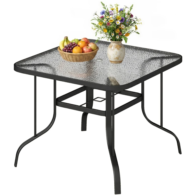 Outsunny Tavolo da Giardino Quadrato a 4 Posti con Piano in Vetro e Foro per Ombrellone Ø43 mm, Nero