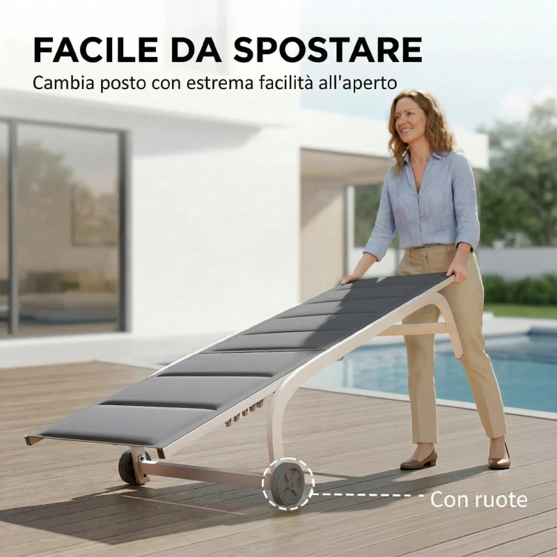 Outsunny Lettino Prendisole da Giardino con Ruote, in Texteline con Telaio in Alluminio, Grigio Scuro e Bianco