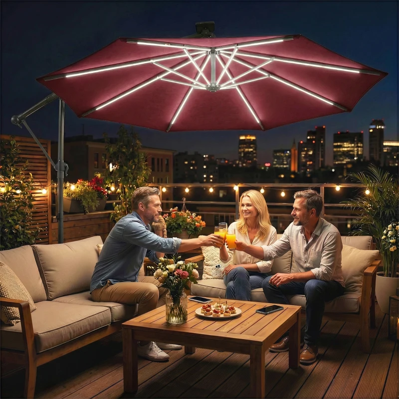 Outsunny 3 m Garden Cantilever Parasol with LED Solar Light, Round Overhanging Umbrella with 360° Rotation, Cover, Wine Red