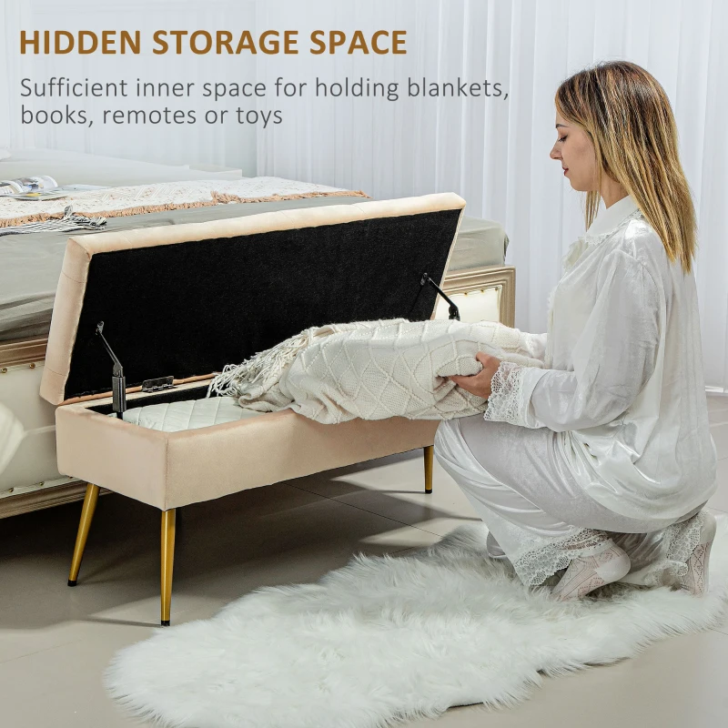 HOMCOM Ławka z pojemnikiem, tapicerowana, welurowa, beżowa