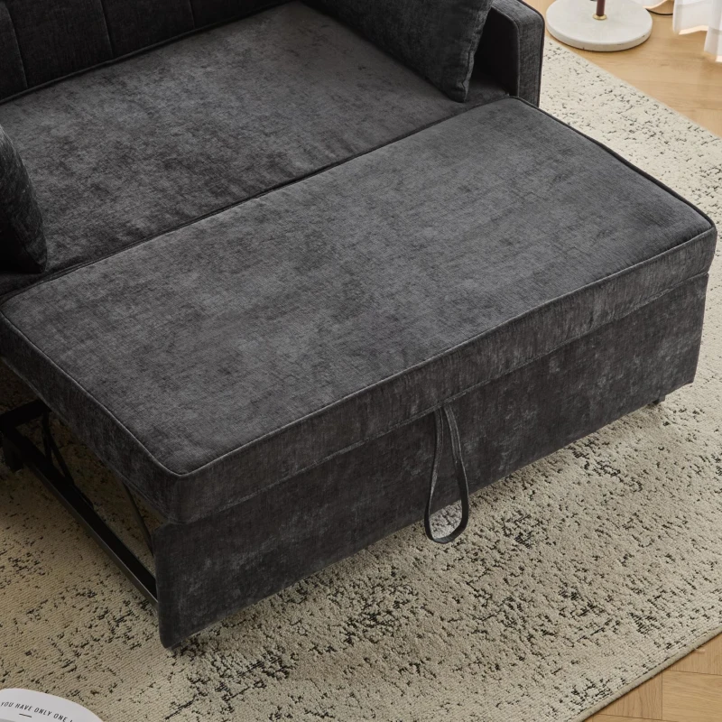 Divano letto a due posti con funzione letto, estraibile, schienale regolabile, rivestimento in chenille, 142x79x85 cm, Nero anticato