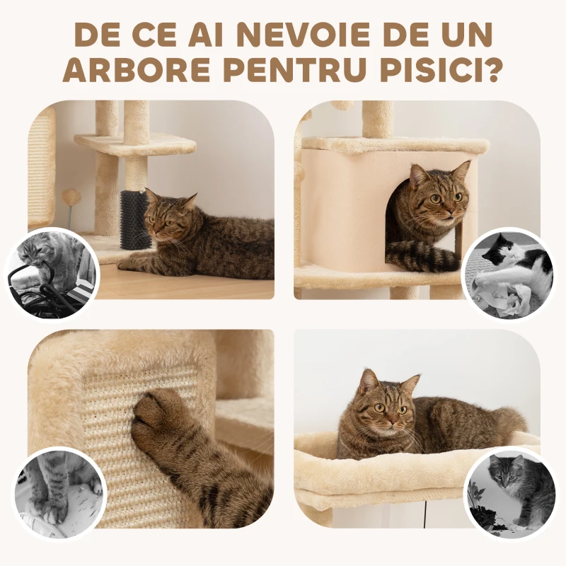 PawHut Arbore pentru Pisici Multinivel, Înălțime 104 cm, cu Căsuță, Pat, Stâlpi de Scris, Perie și Minge, Bej