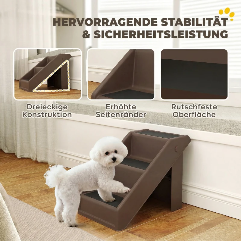 PawHut Hundetreppe 3 Stufen 36,5 cm Hoch Haustiertreppe für Kleine Hunde klappbar für Bett, Sofa, Couch Auto Braun
