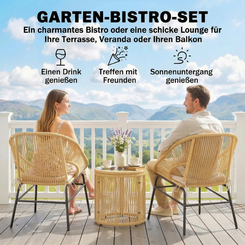 Outsunny Rattan Bistroset 3 teiliges Gartenmöbel-Set mit 2 Gartenstühlen, Glastisch, waschbaren Kissen, Ergonomisch