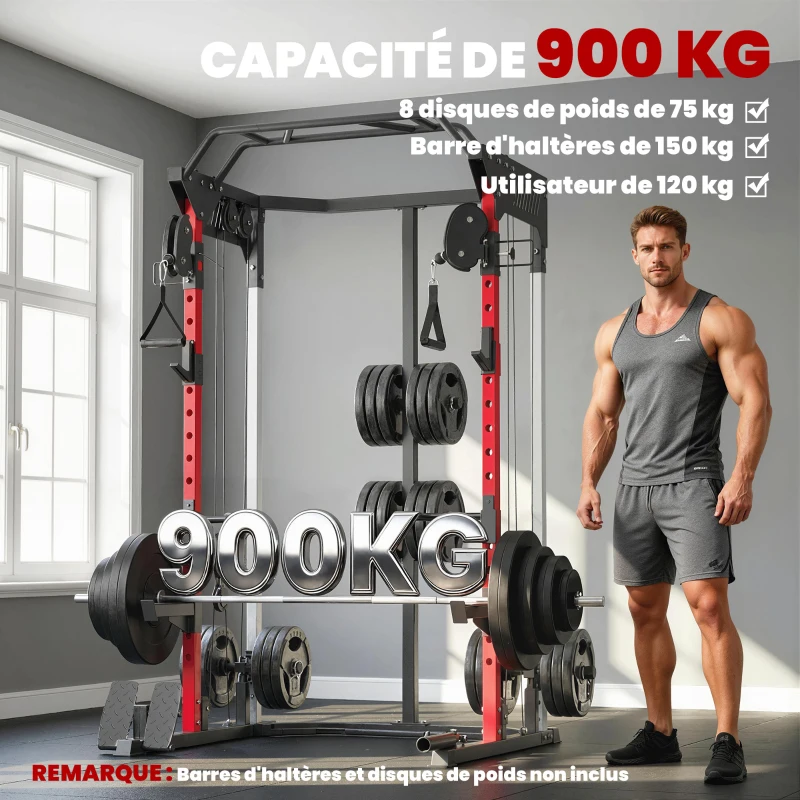 SPORTNOW Station de Musculation Power Rack 900kg Double Poulie Réglable 19 Niveaux Home Gym Complet pour Entraînement Force Noir