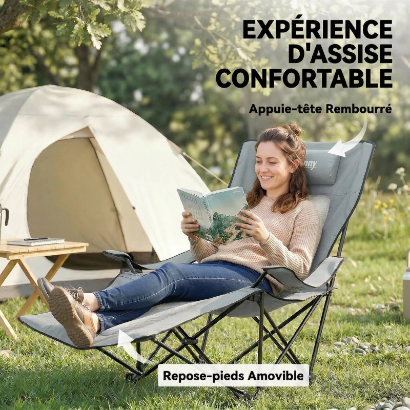 Outsunny Lot de 2 Chaises de Camping Pliante Inclinable 4 Positions, Repose-Pieds Amovible, Porte-Gobelet, 165x80x90cm, Gris
