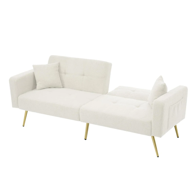 Divano letto con funzione letto, schienale regolabile, gambe dorate, rivestimento in sherpa, 175x64x72 cm, Bianco