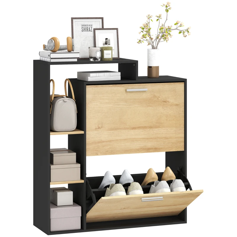 HOMCOM Mueble Zapatero: 2 Cajones Abatibles, Estantes, Negro y Madera Natural.