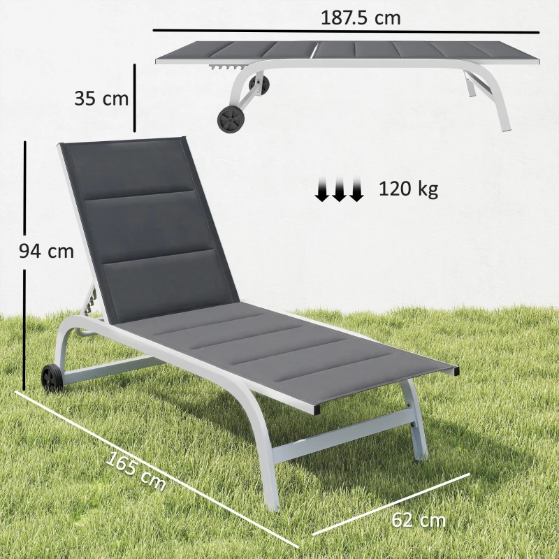 Outsunny Lettino Prendisole da Giardino con Ruote, in Texteline con Telaio in Alluminio, Grigio Scuro e Bianco