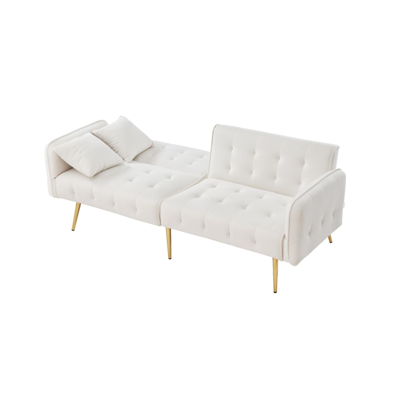 Divano-letto 2 posti, rivestimento in velluto, piedi dorati, 178x82x70 cm, Bianco