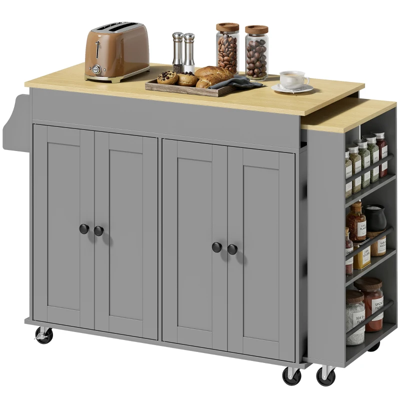HOMCOM Isla de Cocina con Ruedas Encimera Extensible 4 Puertas Estantes Ajustables Especiero y Soporte para Toallas Gris