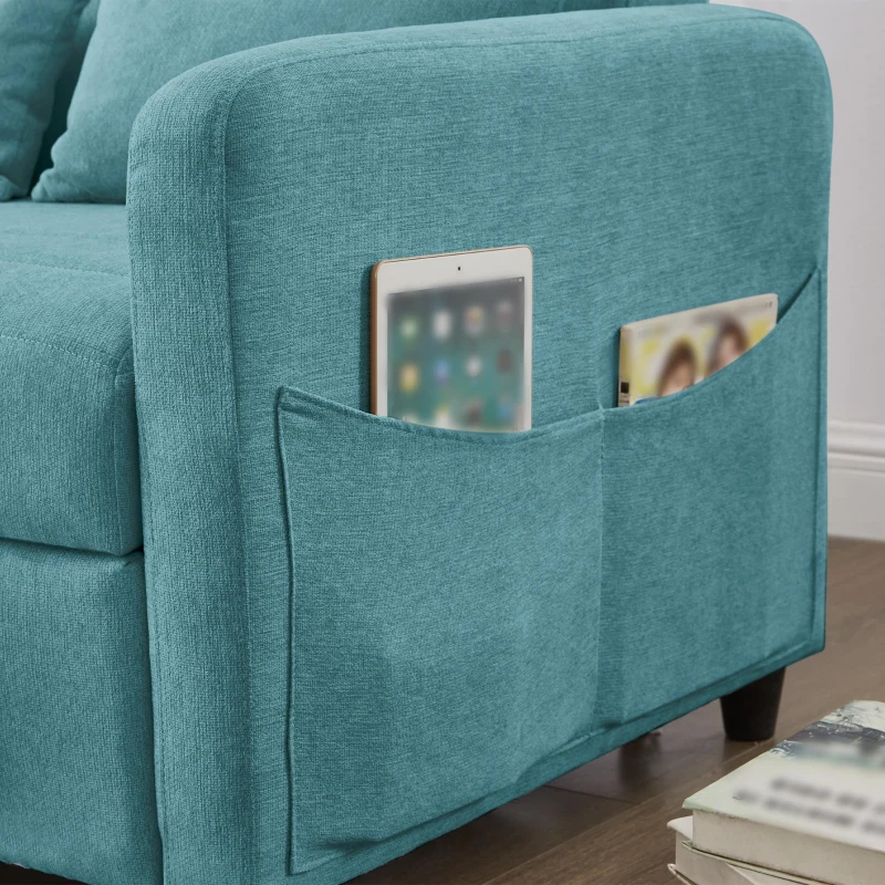 Divano pieghevole a due posti, rivestimento in cotone e lino, 114x77x82,5 cm, Blu-verde