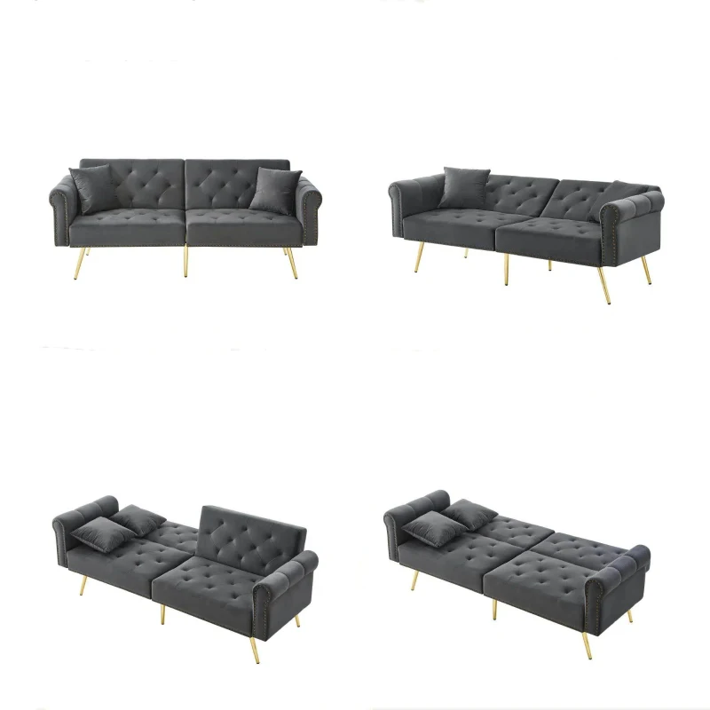 Divano letto 2 posti, rivestimento in velluto, piedi dorati, 173x75x70 cm, Grigio