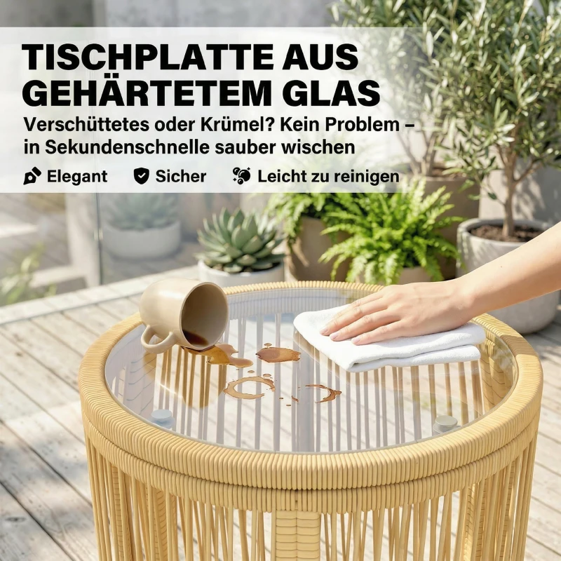Outsunny Rattan Bistroset 3 teiliges Gartenmöbel-Set mit 2 Gartenstühlen, Glastisch, waschbaren Kissen, Ergonomisch