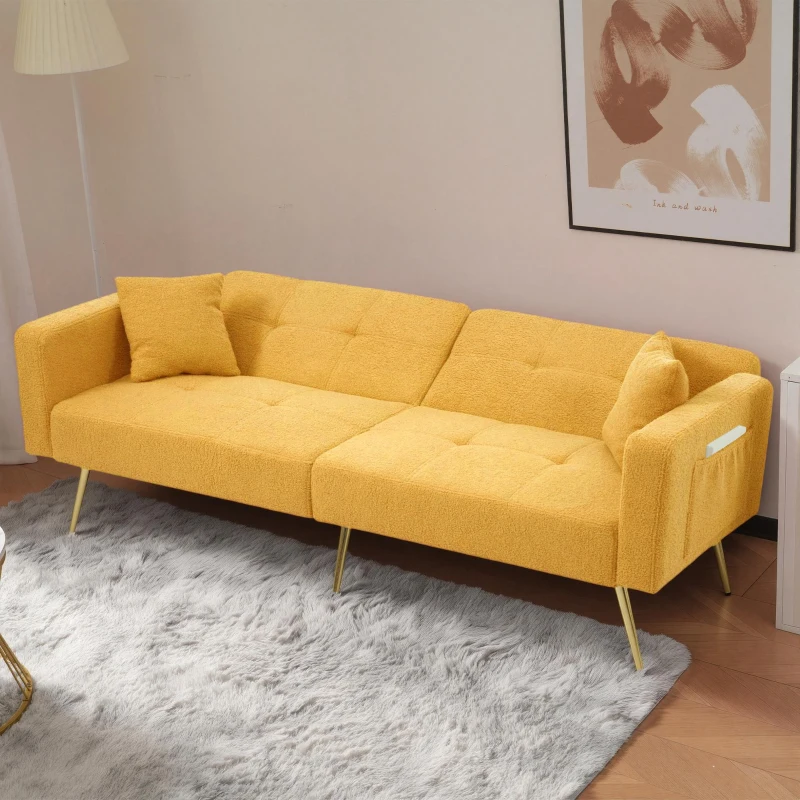 Divano letto con funzione letto, schienale regolabile, gambe dorate, rivestimento in sherpa, 175x64x72 cm, Giallo