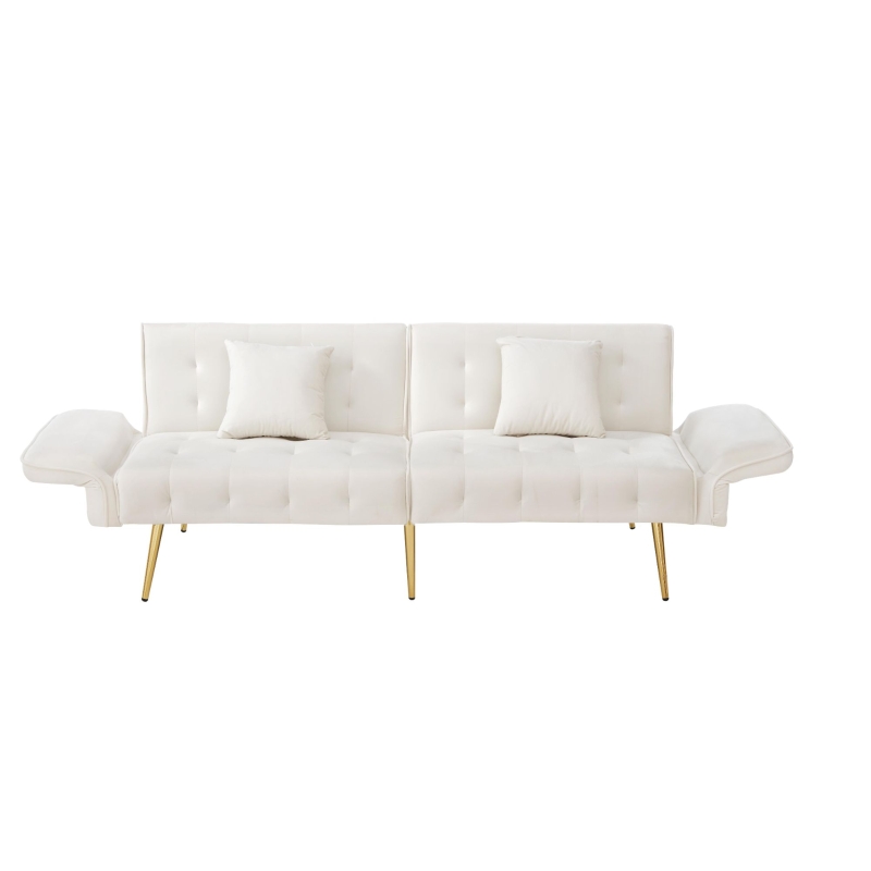 Divano-letto 2 posti, rivestimento in velluto, piedi dorati, 178x82x70 cm, Bianco