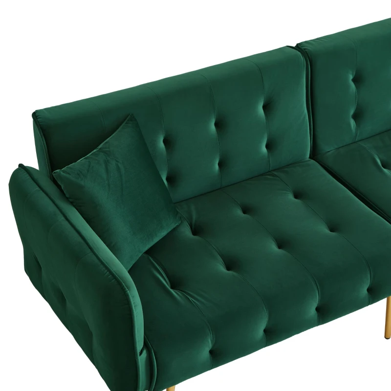 Divano-letto 2 posti, rivestimento in velluto, piedi dorati, 178x82x70 cm, Verde
