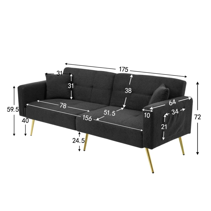 Divano letto con funzione letto, schienale regolabile, gambe dorate, rivestimento in sherpa, 175x64x72 cm, Grigio