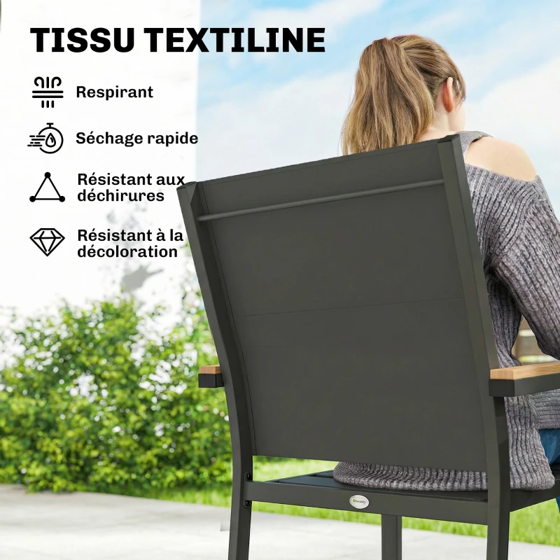 Outsunny Lot de 2 Chaises de Jardin Empilables, Assise et Dossier Rembourrés, Accoudoir en Bois Plastique, 56x55x85cm, Gris Foncé