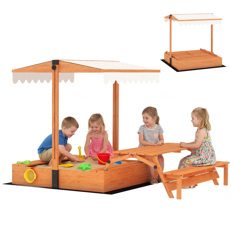 AIYAPLAY Caixa de Areia em Madeira para Crianças com Toldo Ajustável Mesa de Piquenique com Bancos para 6 Crianças dos 3 aos 8 Anos 184x110x120 cm Castanho