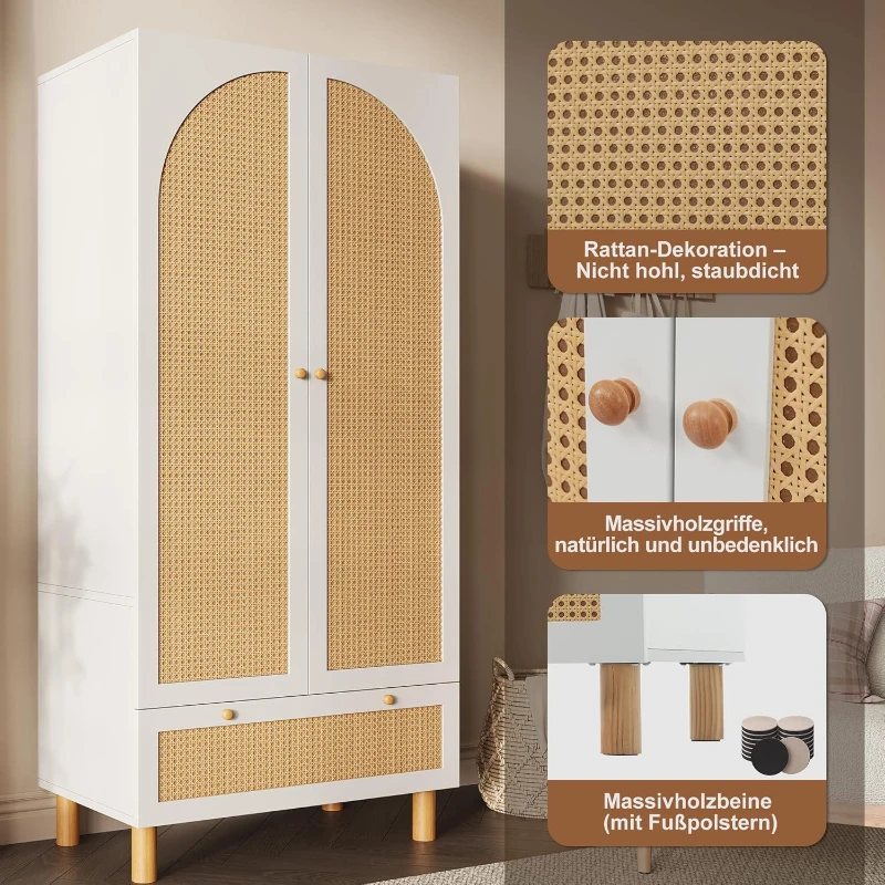 Kleiderschrank, 2-türig mit Rattan-Front, große Schublade, höhenverstellbare Regale und Kleiderstange, 85,5 x 52 x1 80,5 cm, Weiß