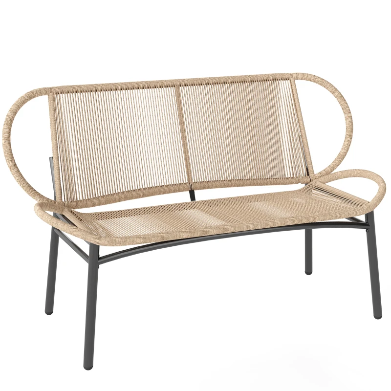 Outsunny Banc de jardin 2 places, banc d'extérieur en résine tressée avec cadre en métal, résistant aux intempéries, naturel