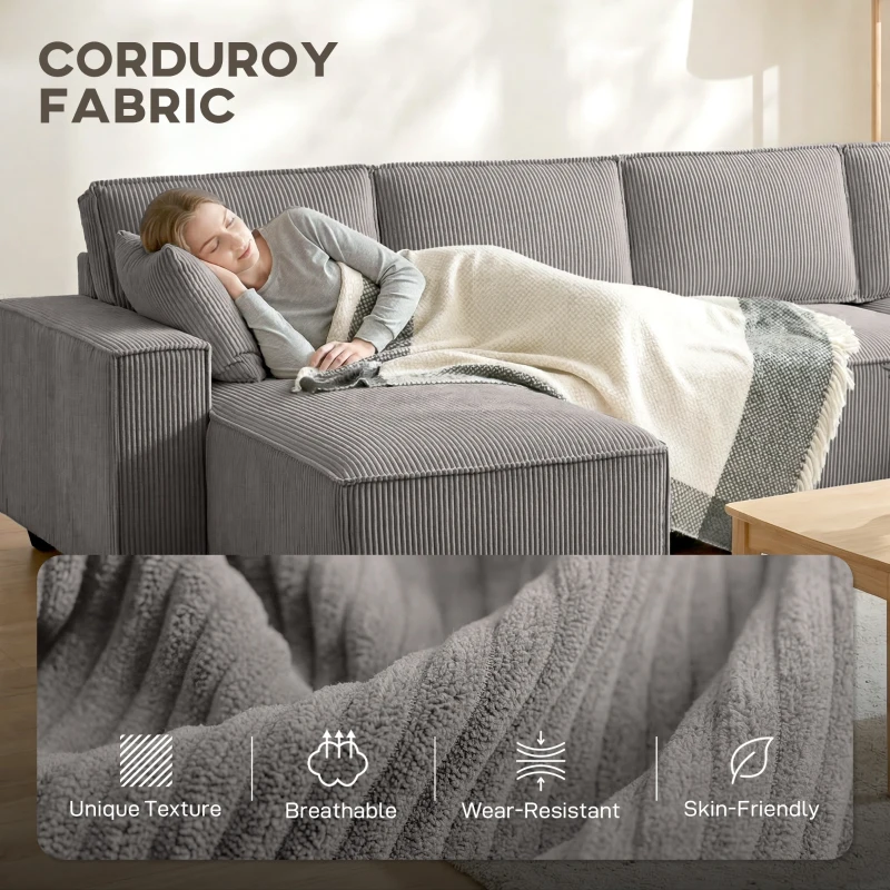 HOMCOM Narożnik z podwójnymi szezlongami, sofa w kształcie litery U z sztruksu, szerokie i głębokie siedzisko, sprężyny kieszeniowe, Jasnoszary