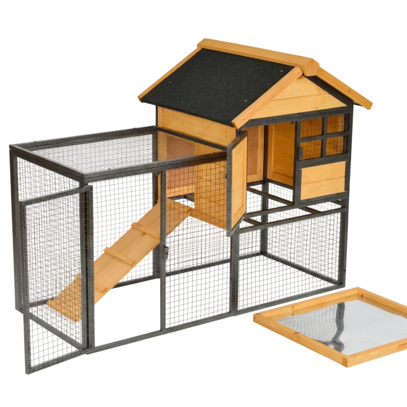 PawHut Cușcă pentru Iepuri și Rozătoare, Cu Căsuță, Rampă și Zonă Deschisă, 122×63×92 cm, Lemn + Metal,(m-15)