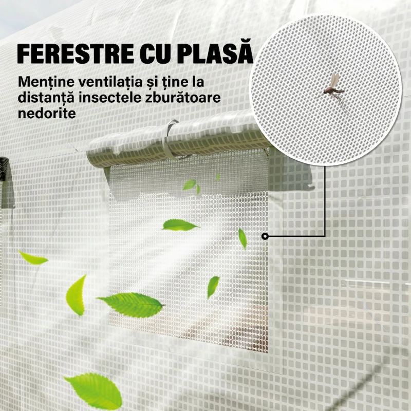 Outsunny Seră de Grădină 4x3m tip Tunel cu Acoperire din PE, Ușă și 8 Ferestre Rulabile, Alb(m-5)