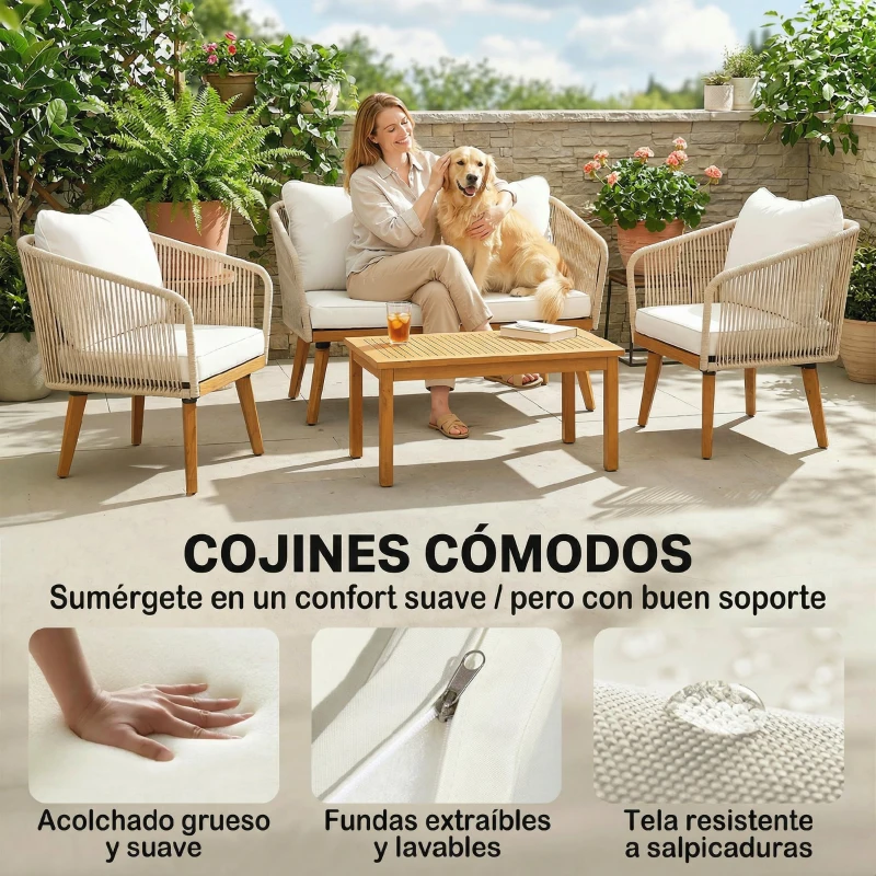 Outsunny Conjunto de Jardín Exterior 4 Piezas Sofá 2 Plazas 2 Sillones Cuerda PP Mesa Marco de Acero y Madera Acacia Cojines