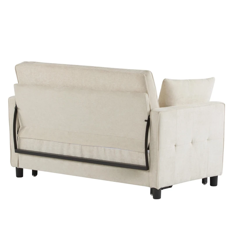 Divano letto a due posti con funzione letto, estraibile, schienale regolabile, rivestimento in chenille, 142x79x85 cm, Beige