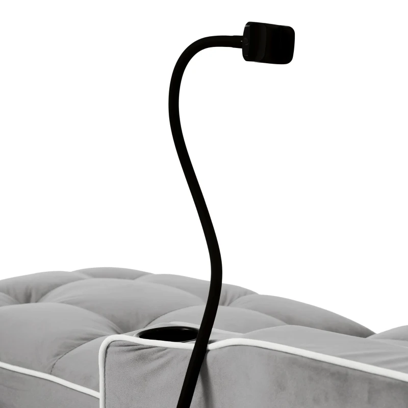 Divano letto estraibile 3-in-1, con portabicchieri e porta smartphone, rivestimento in velluto, struttura in metallo, 83x167x76 cm, Grigio e bianco