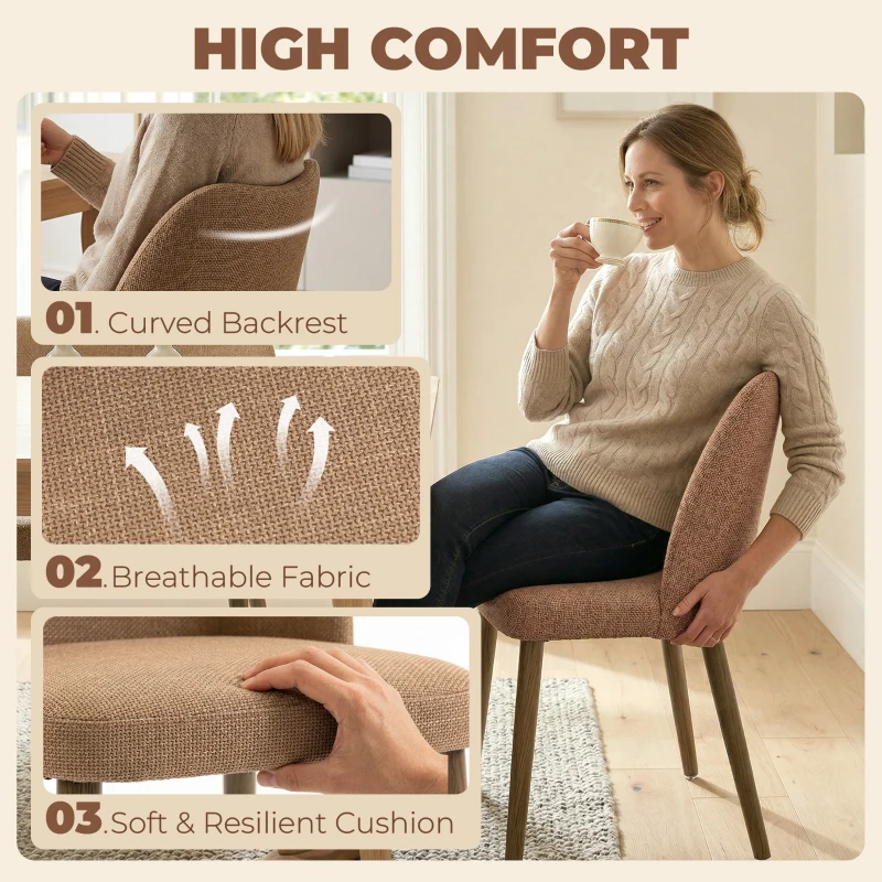 HOMCOM Dining Chairs Set of 2, Linen Upholstered Kitchen Chairs with Padded Seat, Curved Backrest, Rubberwood Legs, Brown