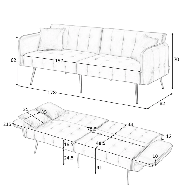 Divano-letto 2 posti, rivestimento in velluto, piedi dorati, 178x82x70 cm, Grigio