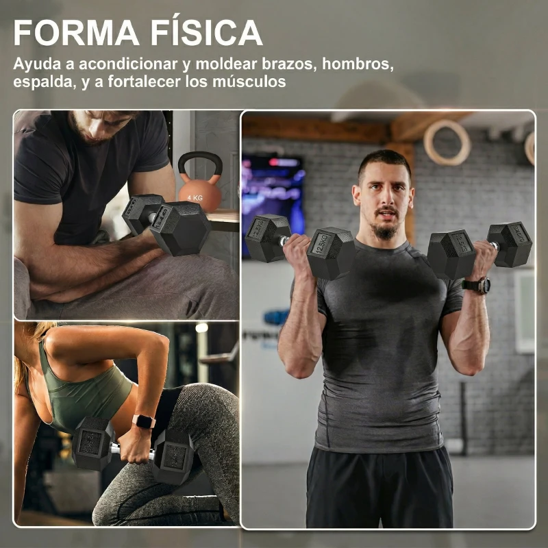 HOMCOM Set de 2 Mancuernas Hexagonales de 2 x 12,5 kg de Hierro Fundido Recubiertas en Goma para Entrenamiento en Casa Gimnasio