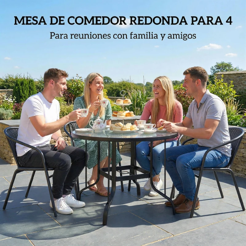 Outsunny Mesa Redonda para Jardín con Orificio para Sombrilla Encimera de Vidrio Estructura Metálica Ø96,5x71 cm Negro