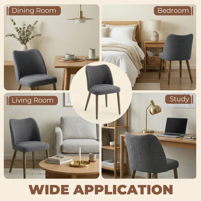 HOMCOM Dining Chairs Set of 2, Linen Upholstered Kitchen Chairs with Padded Seat, Curved Backrest, Rubberwood Legs, Dark Grey