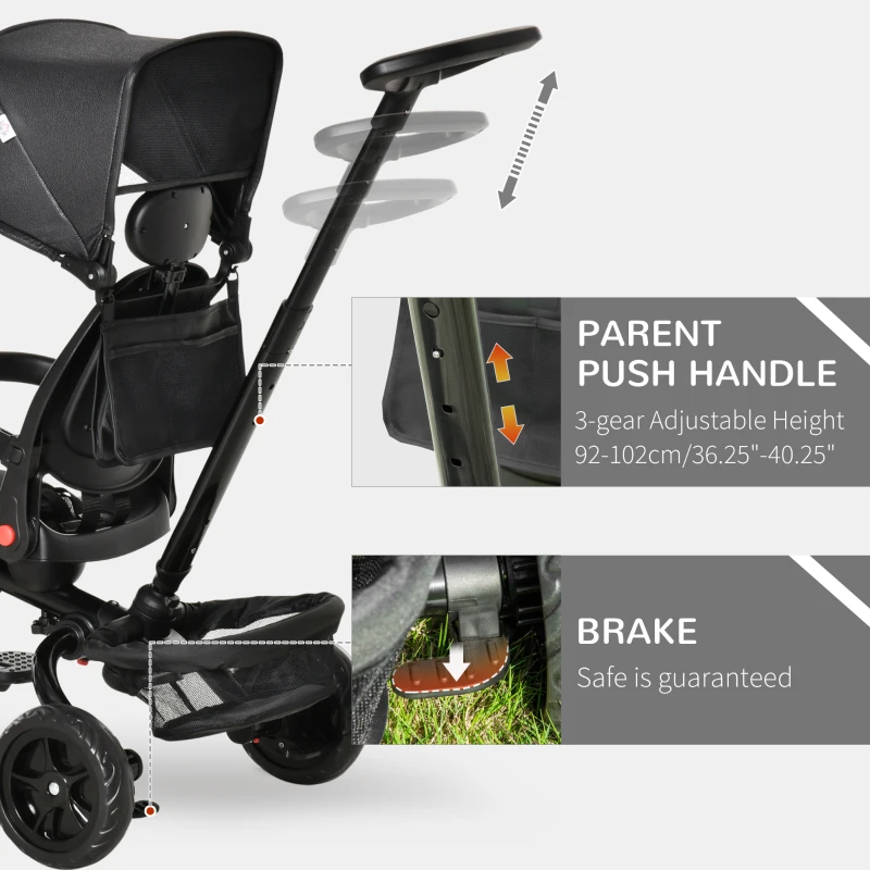 HOMCOM Triciclo per Bambini 4 in 1 Pieghevole con Maniglione, Tettuccio e Barra Rimovibili, Età 1-5 Anni, 111.5x52x98cm, Nero