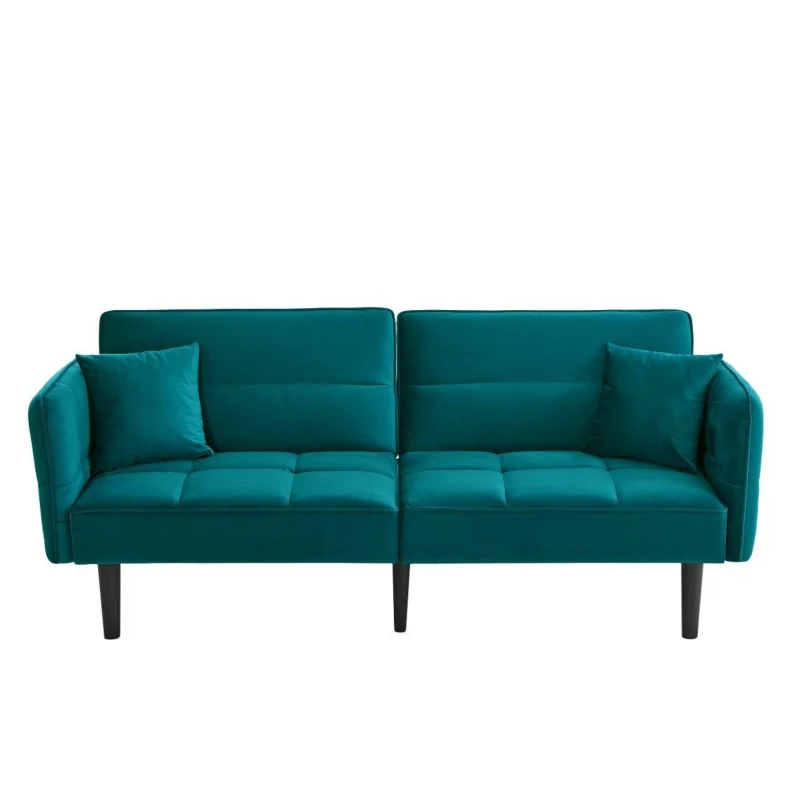 Divano-letto 2-in-1, schienali regolabili, rivestimento in velluto, gambe in legno, 176x78x76 cm, Blu-verde