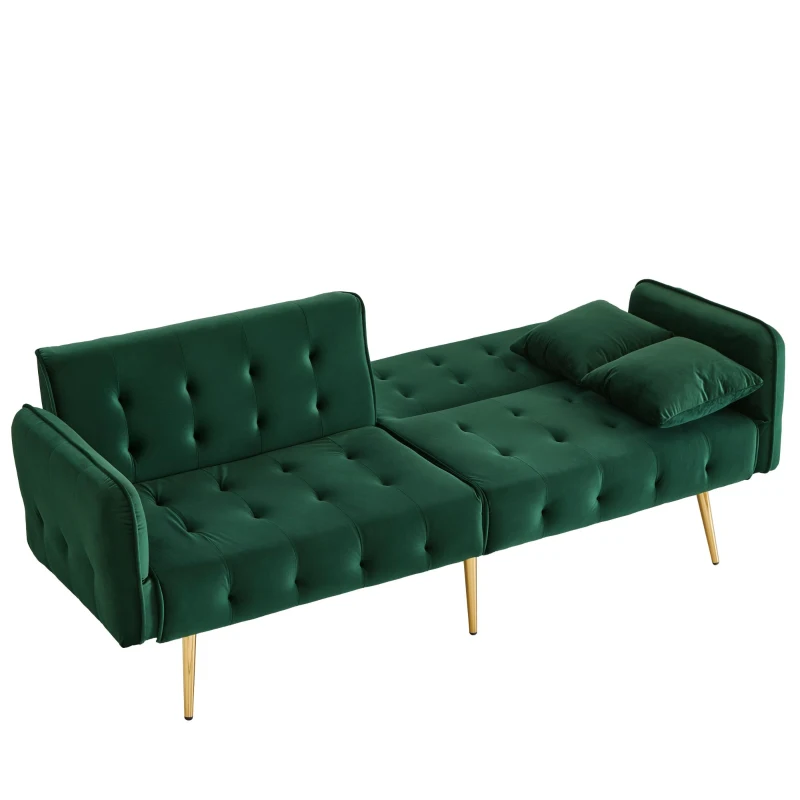 Divano-letto 2 posti, rivestimento in velluto, piedi dorati, 178x82x70 cm, Verde