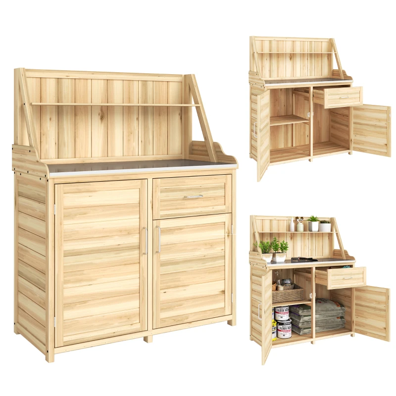 Outsunny Armoire de Jardin en Bois avec Plan de Travail en Métal Galvanisé Tiroir et Étagère 100x45x129,5cm Naturel