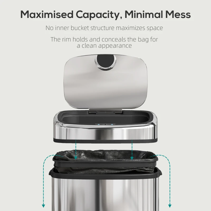 HOMCOM 68L Automatic Sensor Bin, Touchless Stainless Steel Kitchen Rubbish Bin, Hands-Free Infrared Waste Dustbin, Motion Trash Can with Manual Button for Home Office, Silver