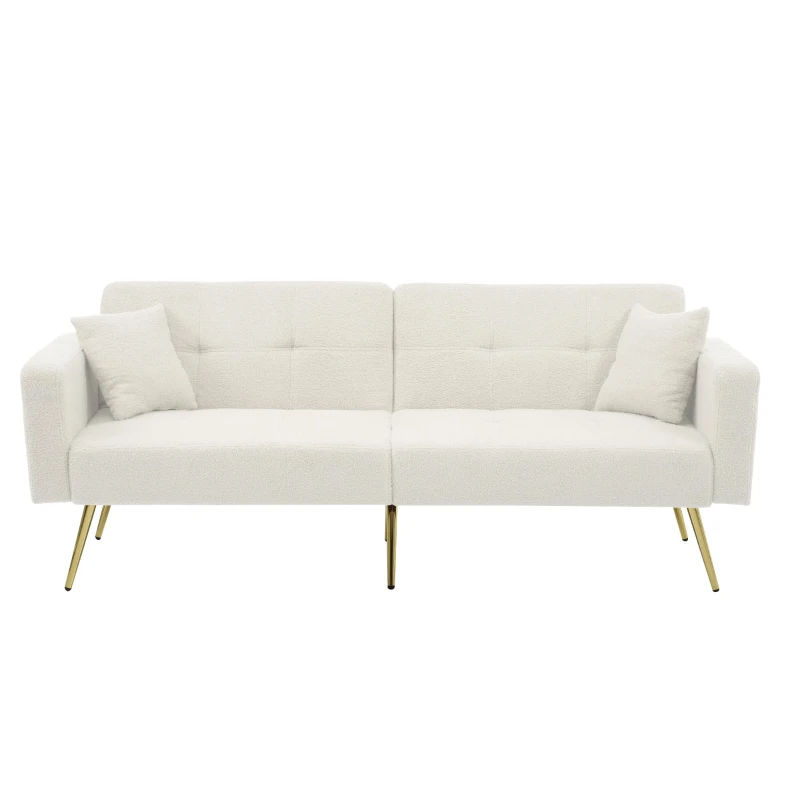 Divano letto con funzione letto, schienale regolabile, gambe dorate, rivestimento in sherpa, 175x64x72 cm, Bianco