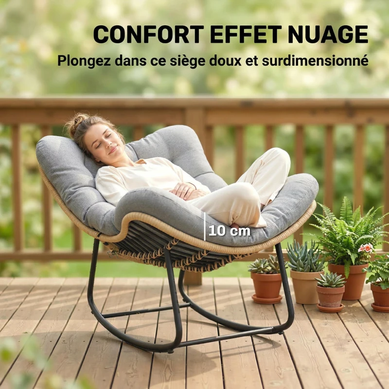 Outsunny Fauteuil à bascule de jardin pour intérieur et extérieur, rocking chair en résine tressée avec coussin moelleux, gris