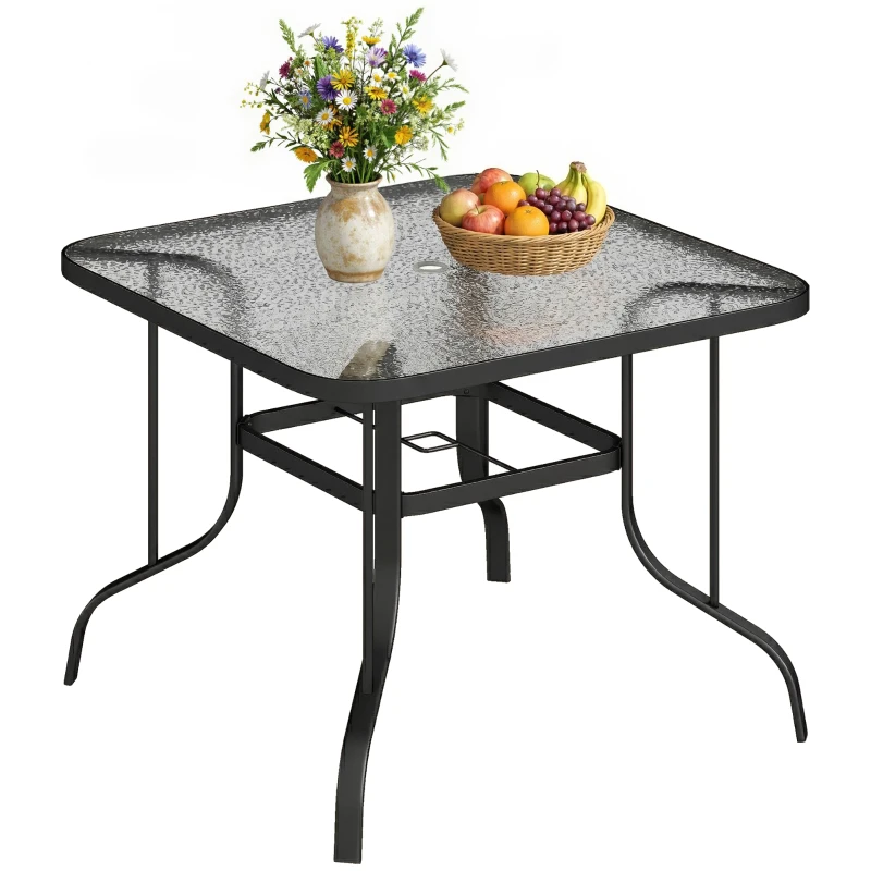 Outsunny Masă de grădină pătrată pentru 4 persoane cu blat din sticlă și orificiu pentru umbrelă Ø54 mm, negru