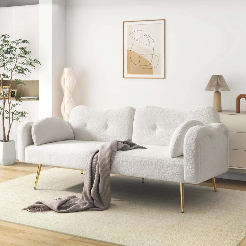 Divano letto 2 posti con superficie effetto lana d'agnello e piedi dorati, 175x79x82 cm, Bianco