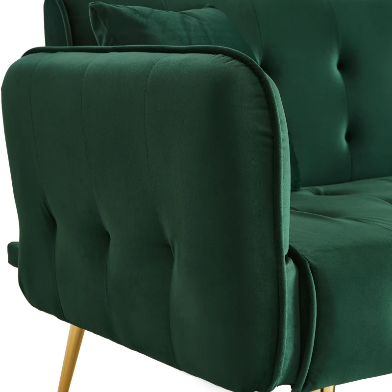 Divano-letto 2 posti, rivestimento in velluto, piedi dorati, 178x82x70 cm, Verde