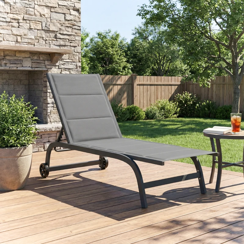 Outsunny Leżak oddychający ogrodowy z 6-stopniową regulacją oparcia, kółkami, aluminiową ramą, ciemnoszary